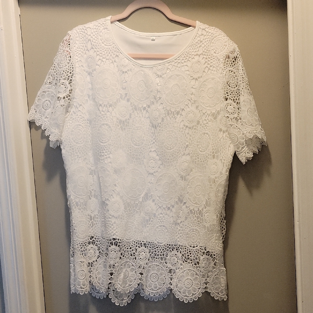 Gorgeous Crocheted White Lace Sweater With Built-In Undershirt SzXXL